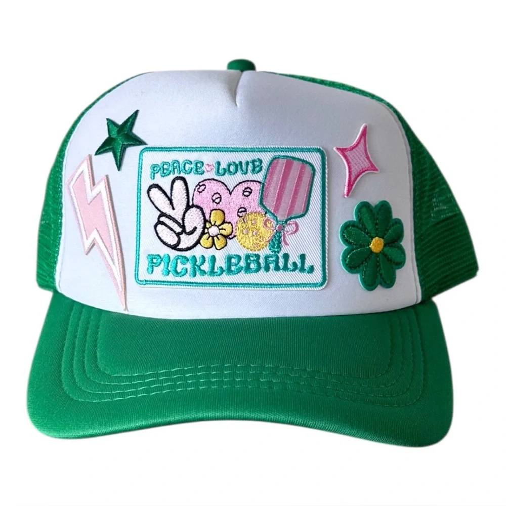 Green & White Peace Love Pickleball Trucker Hat